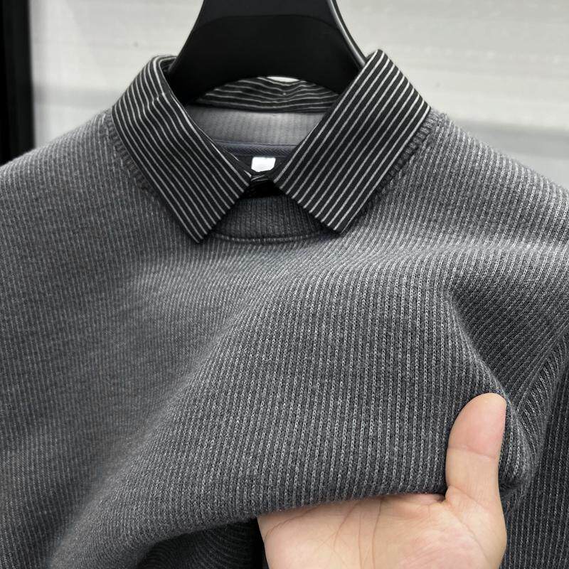 男士加厚毛衣打底秋冬季上衣爸爸装真假两件套加配衬衫加绒针织衫