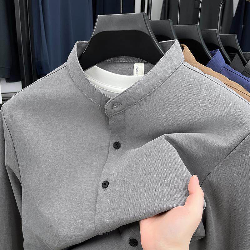 男士亨利领长袖衬衫春秋季新款中年爸爸装立领纯色上衣服亚麻寸衫