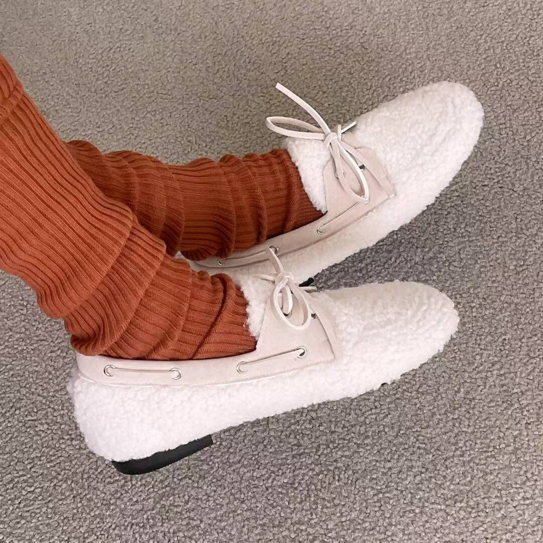 苏木槿复古羊羔毛平底加绒保暖棉鞋休闲鞋女2025冬乐福鞋懒人鞋