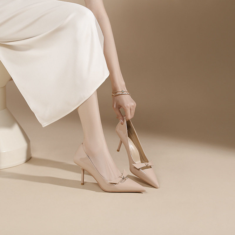 2026春秋季新款性感一字蝴蝶结细高跟裸粉色职业配裙气质尖头女鞋