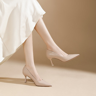 女不累脚性感职业OL宴会伴娘单鞋 775 尖头细跟裸色高跟鞋 法式