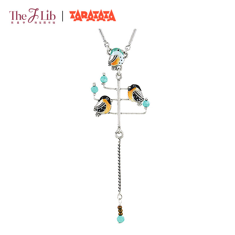 法国TARATATA三只蓝鸟在树上项链女创意夸张吊坠冬季个性潮毛衣链