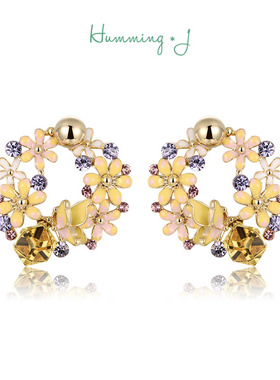 韩国Humming J幸运花环耳钉女2025年新款潮森系耳环珐琅彩绘耳饰