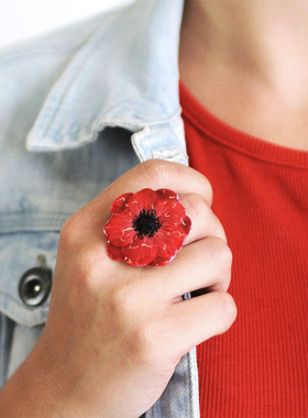 法国TARATATA TARABOUM大红花朵戒指女原创小众设计食指戒珐琅彩