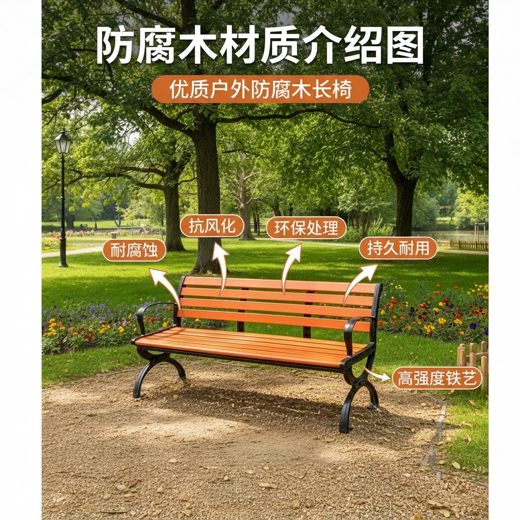 公园椅户外长椅庭院双人靠背长条凳子室外防腐木塑木休闲座椅铁艺