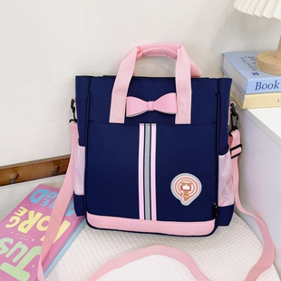 补习袋可双肩手拎包撞色英伦儿童补课包中小学生单肩大容量斜挎包