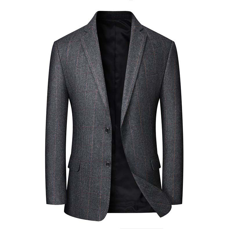 新款男士羊毛西服休闲深棕色毛料西装男中年外套爸爸装宽松西装