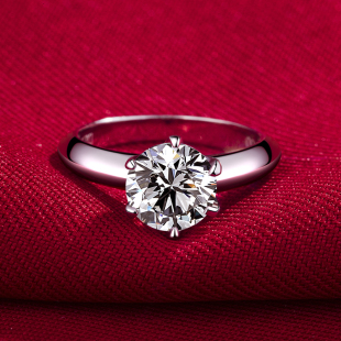 PT950铂金莫桑石经典六爪仿真钻戒女求婚结婚1克拉钻石戒指日韩