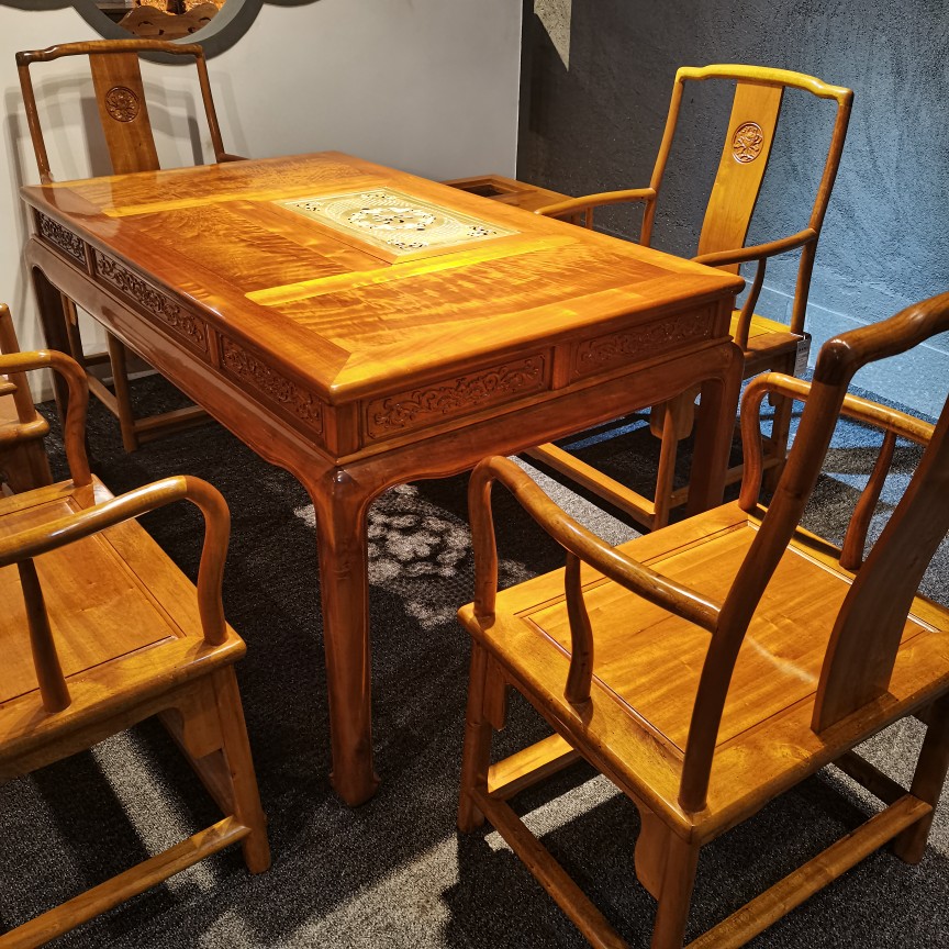 正宗金丝楠木小叶桢楠茶桌实木新中式茶台水波纹榫卯茶几休闲茶几