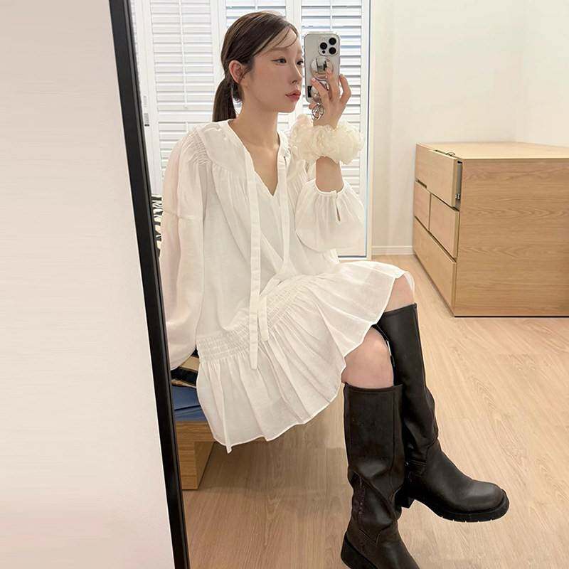 良良家飘带连衣裙 女款早秋荷叶边短裙 通勤日常穿搭V领衬衫裙