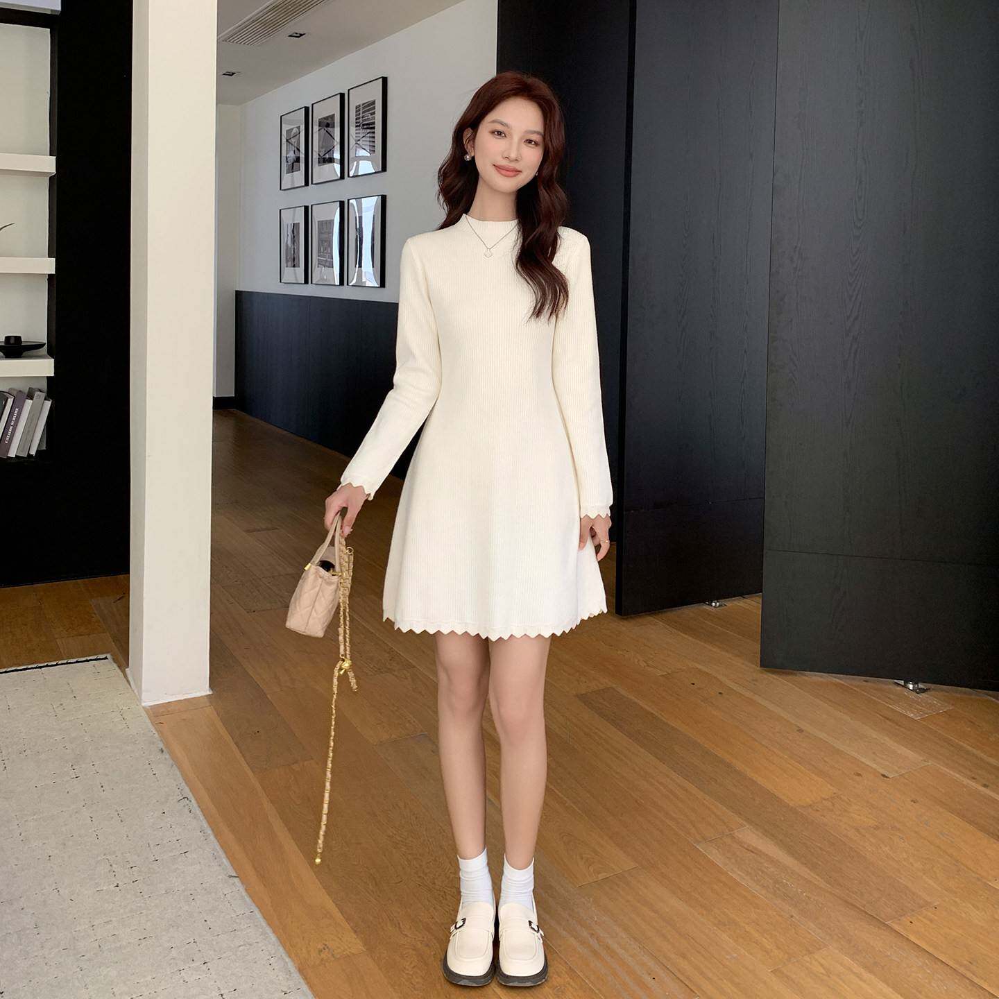 白色打底中长款毛衣裙女秋冬内搭针织连衣裙修身显瘦小个子a字裙