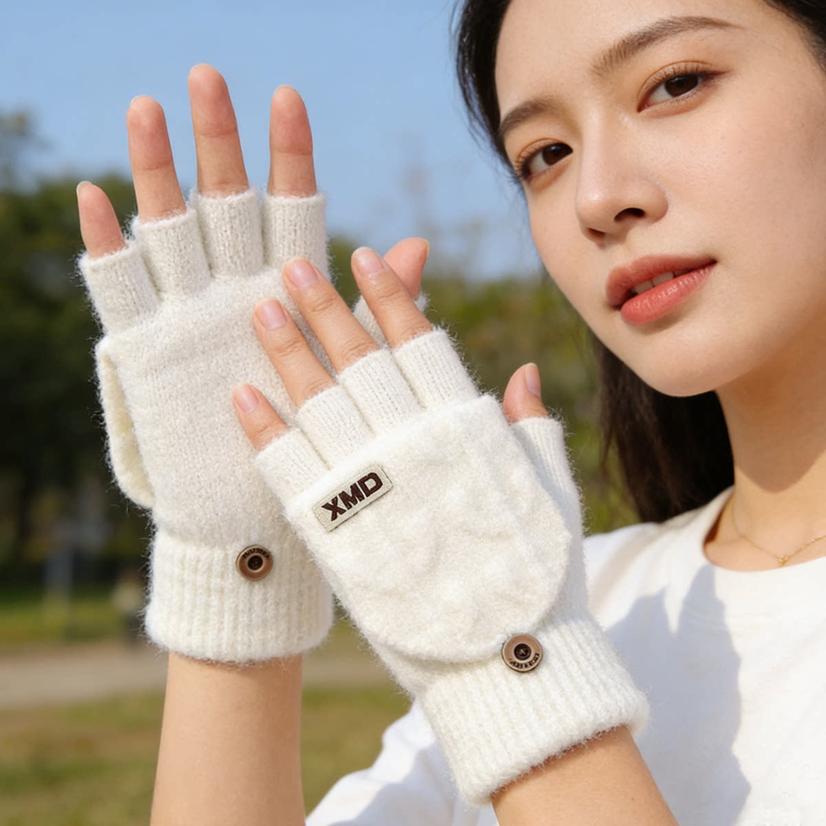 新麦点冬季半指翻盖保暖手套女