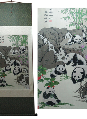 天府国宝中四川古蜀锦桑蚕丝卷轴挂画卷轴中国风熊猫外事礼品