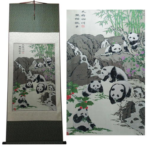 天府国宝中四川古蜀锦桑蚕丝卷轴挂画卷轴中国风熊猫外事礼品