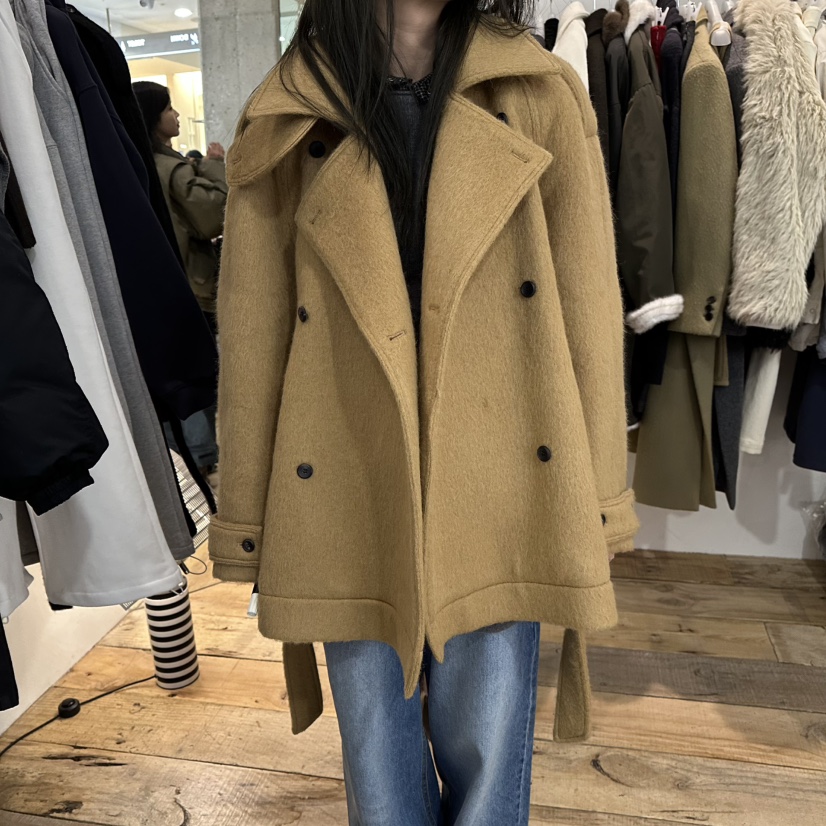 CREAMVILLA东大门㊣代购女装新款热卖短款大衣羊驼毛含腰带