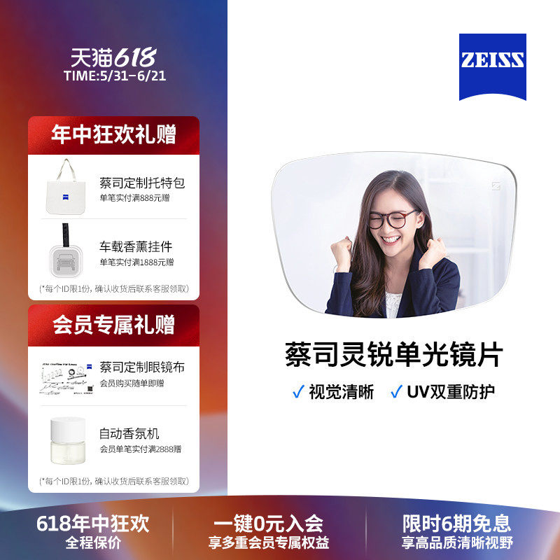 ZEISS/蔡司镜片 灵锐钻立方膜/焕色视界X眼镜片 男女可配近视2片