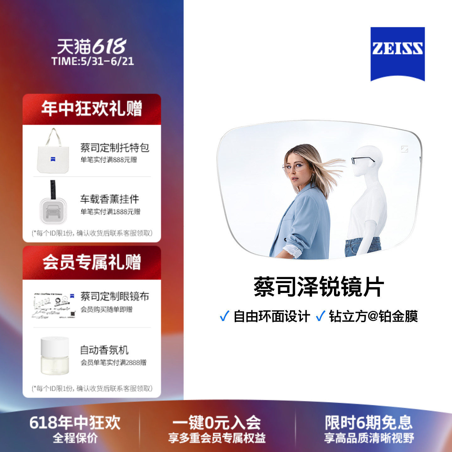 ZEISS/蔡司镜片 泽锐钻立方铂金膜眼镜片 自由环面 配近视树脂2片