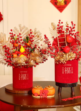 春节装饰仿真发财果福抱抱桶摆件