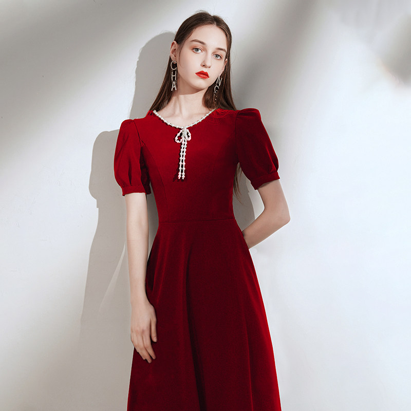 速发敬酒服新娘2025时款可婚订婚礼服裙气质酒红色中长款平新结穿