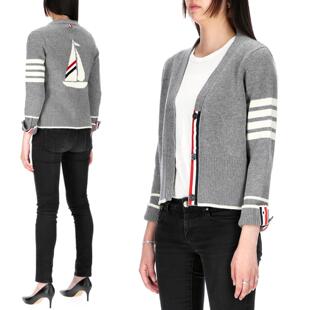 tb四条纹100%纯山羊绒针织开衫女25秋冬新款V领后背帆船毛衣外套