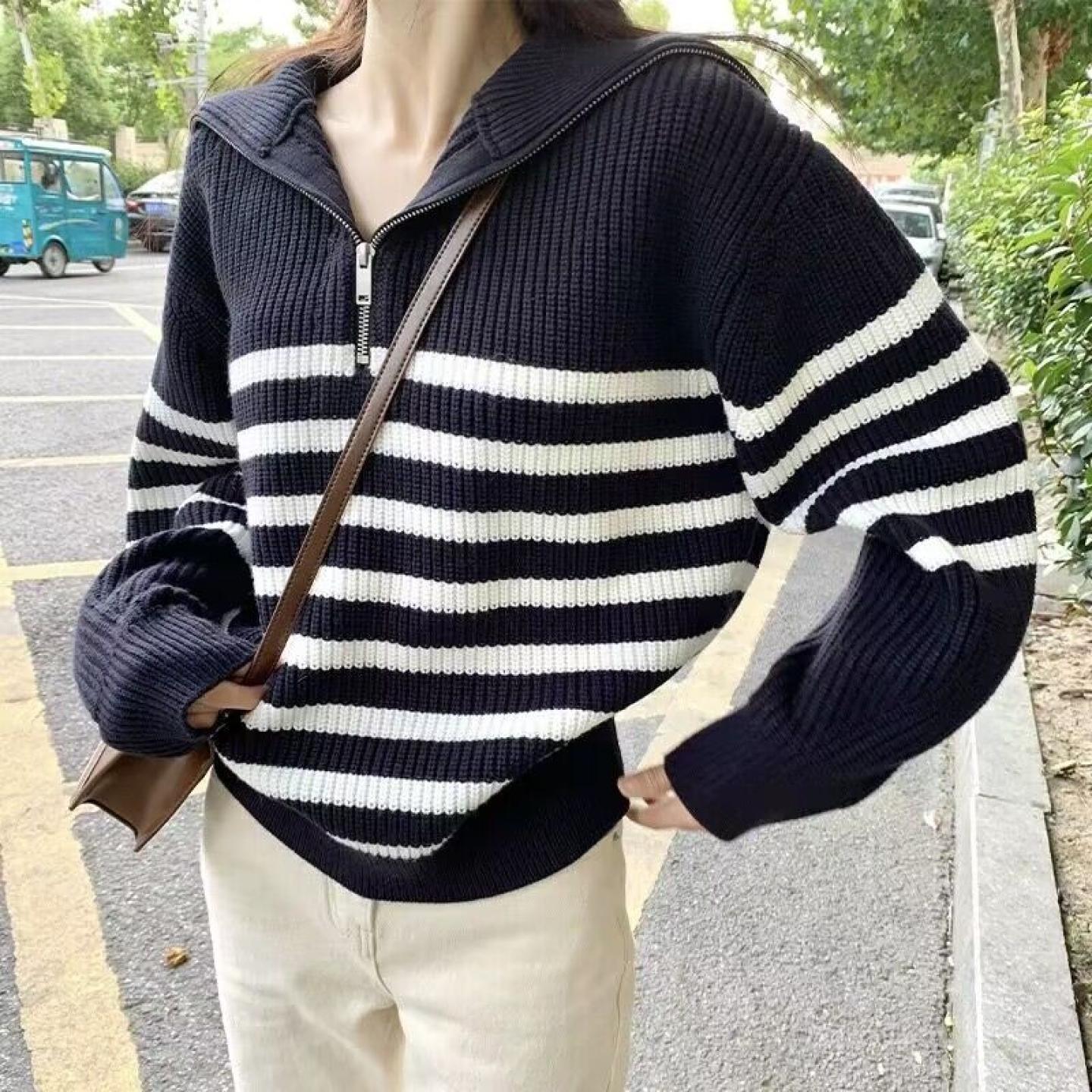 100%山羊绒毛衣女法式条纹半拉链
