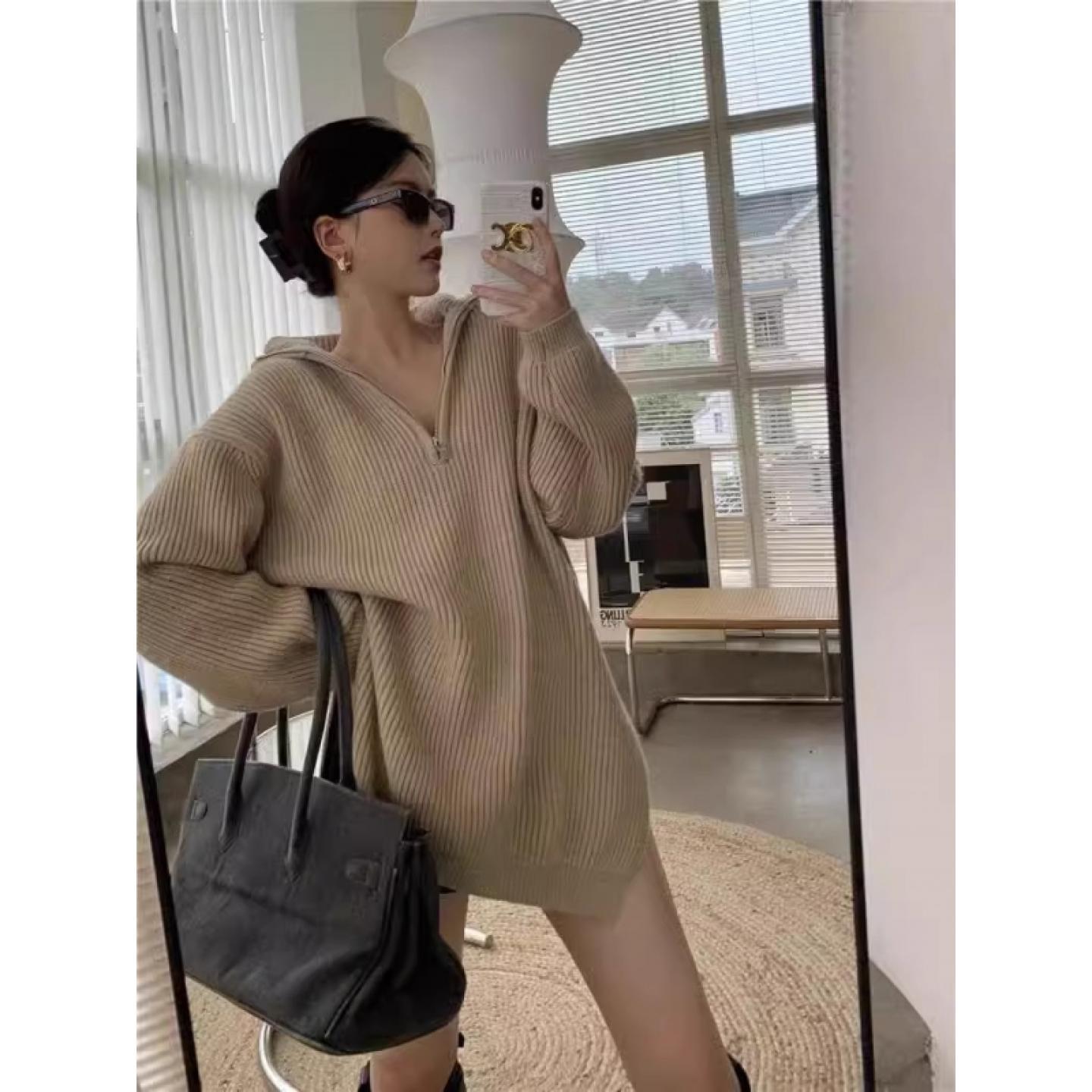 100%纯山羊绒中长款毛衣女开叉