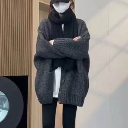 2026秋冬新款100%纯山羊绒开衫女中长款加厚宽松大码针织毛衣外套