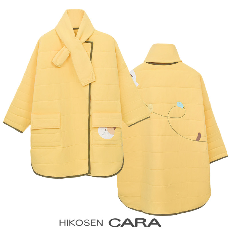 HIKOSEN CARA卡拉猫日系印花棉服女中长款宽松围巾领外套可爱棉袄