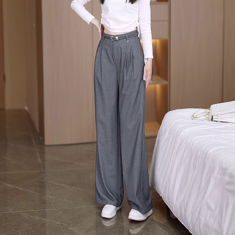 灰色天丝棉窄版腰带直筒休闲裤女春秋季新款职业西装裤显瘦阔腿裤