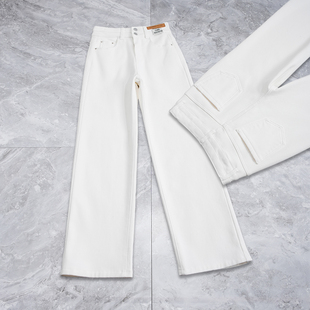 白色水洗棉窄版直筒牛仔裤女宽松显瘦秋冬加绒加厚百搭阔腿休闲裤