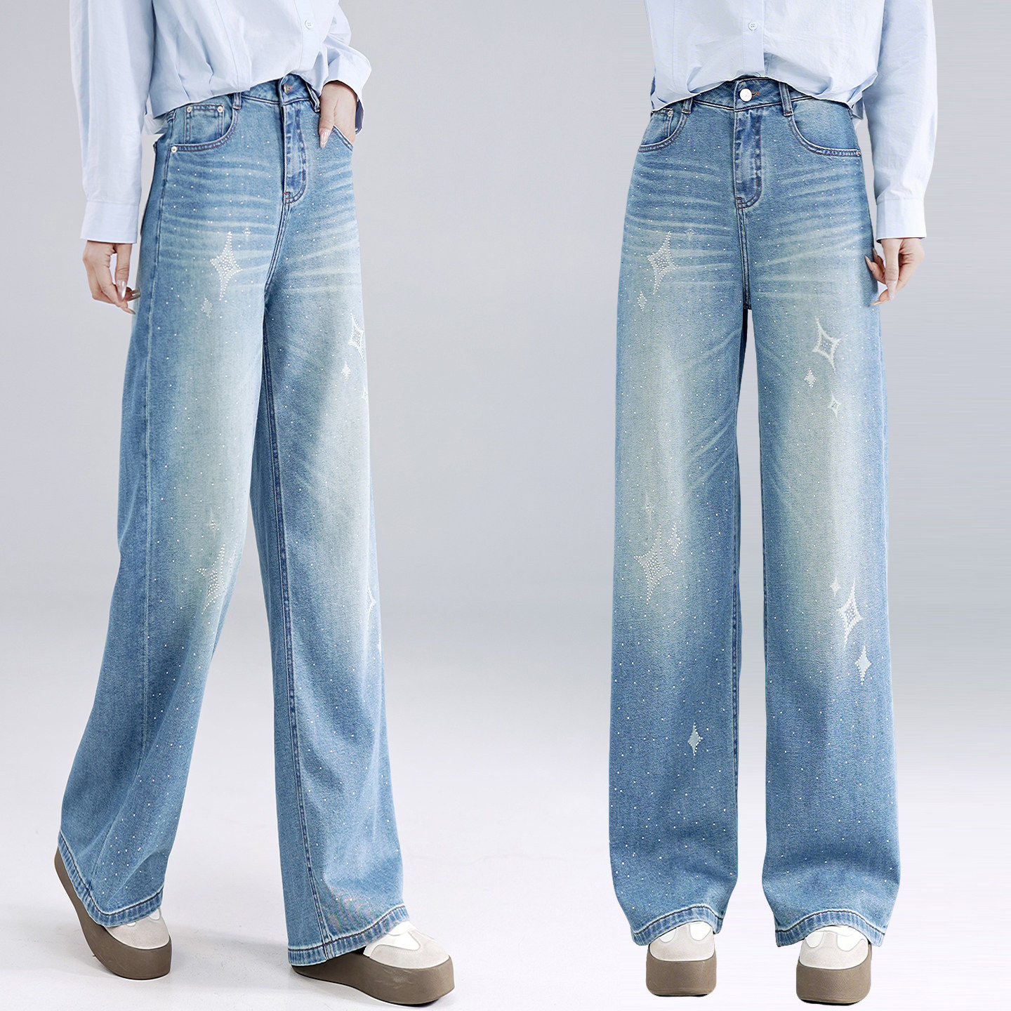 高端烫钻阔腿牛仔裤女宽松显瘦2026春秋新款满天星高腰窄版直筒裤