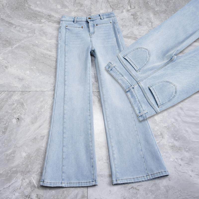 时尚浅色牛仔微喇直筒裤女宽松不贴腿显瘦秋冬加绒加厚阔腿拖地裤