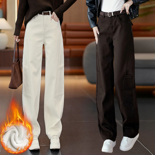 藏青色高腰显瘦弯刀裤女秋冬加绒加厚保暖香蕉裤水洗棉牛仔镰刀裤