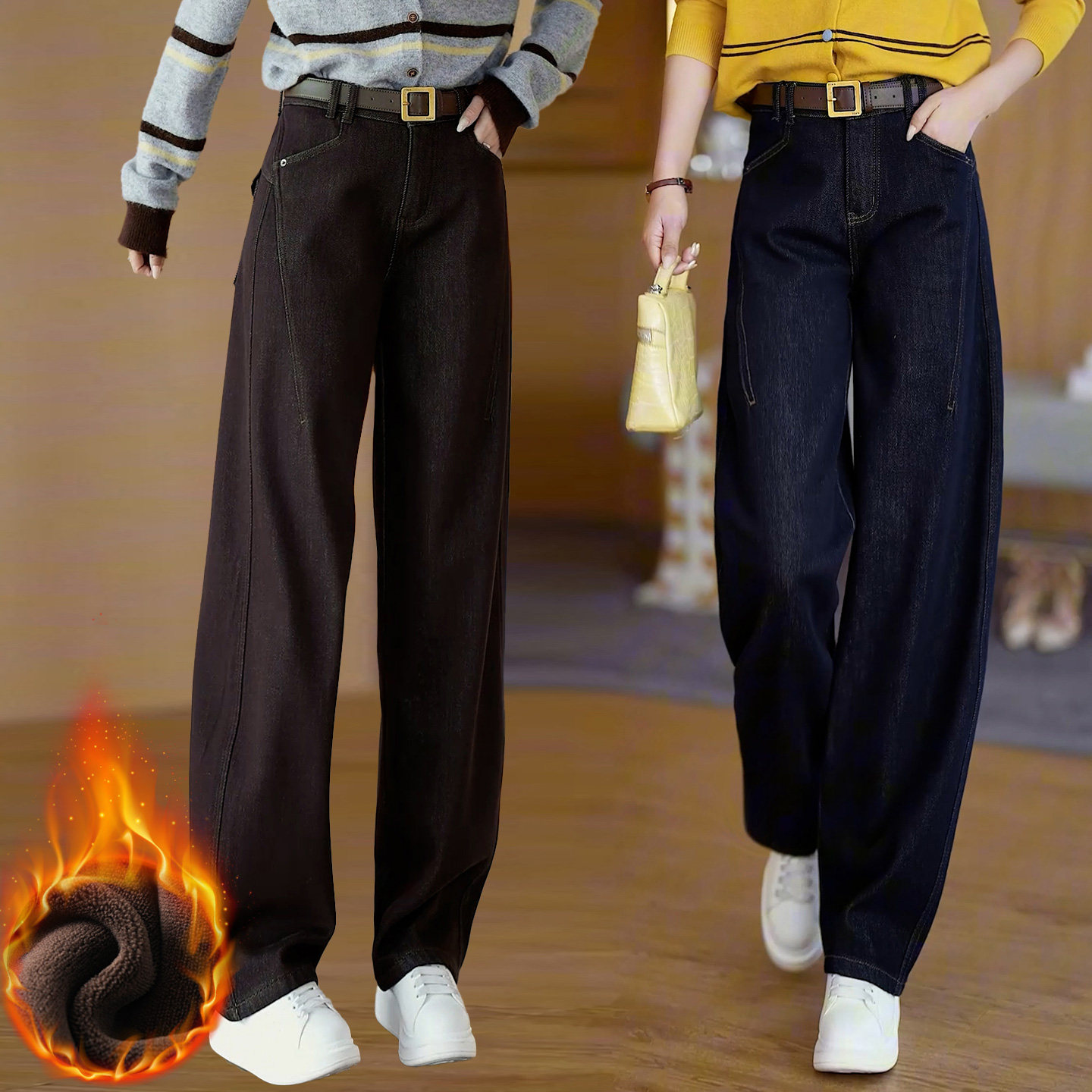 宽松显瘦牛仔弯刀裤女秋冬加绒加厚保暖亲肤香蕉裤时尚高腰阔腿裤