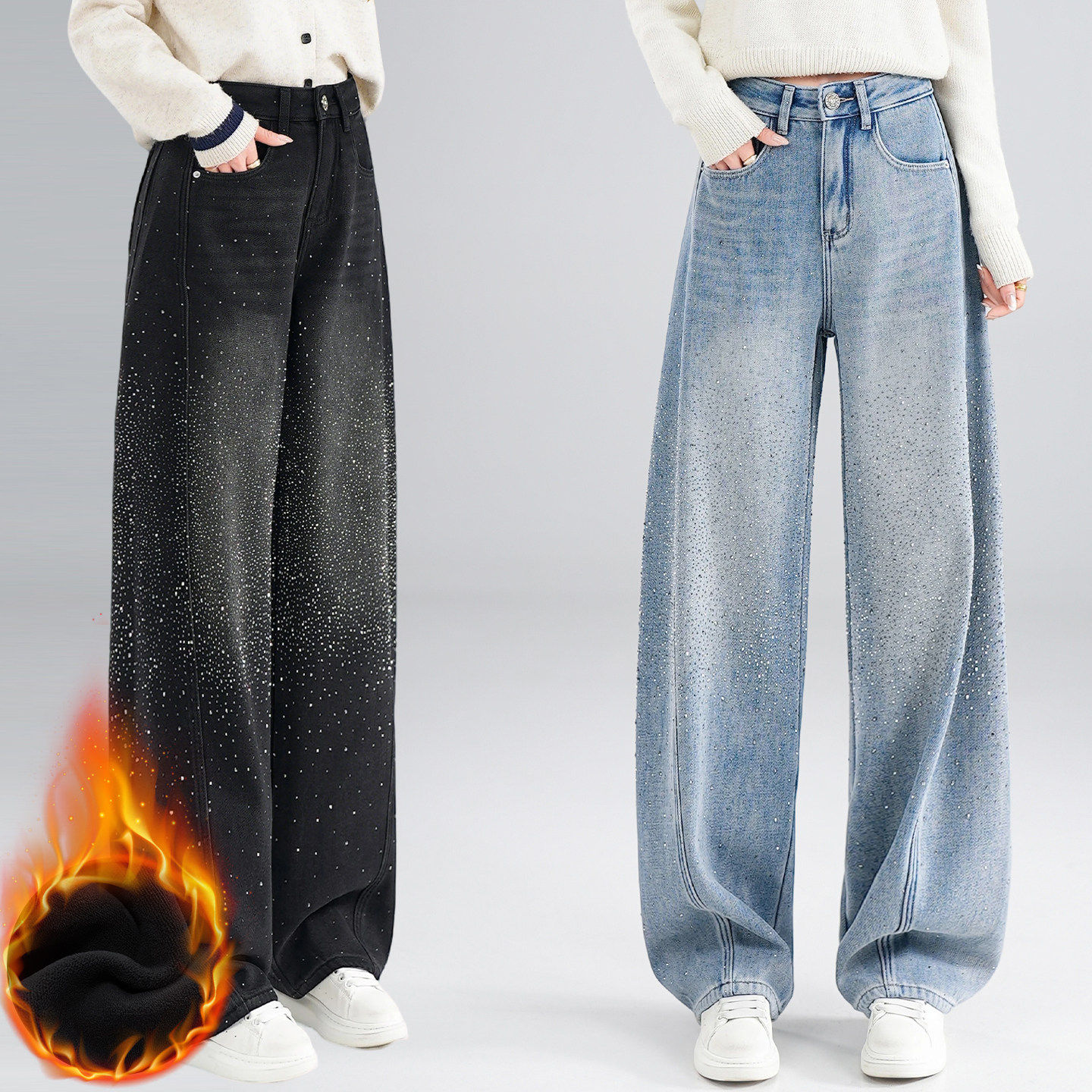 新款烫钻牛仔裤女秋冬加绒加厚宽松阔腿弯刀裤高腰显瘦直筒镰刀裤