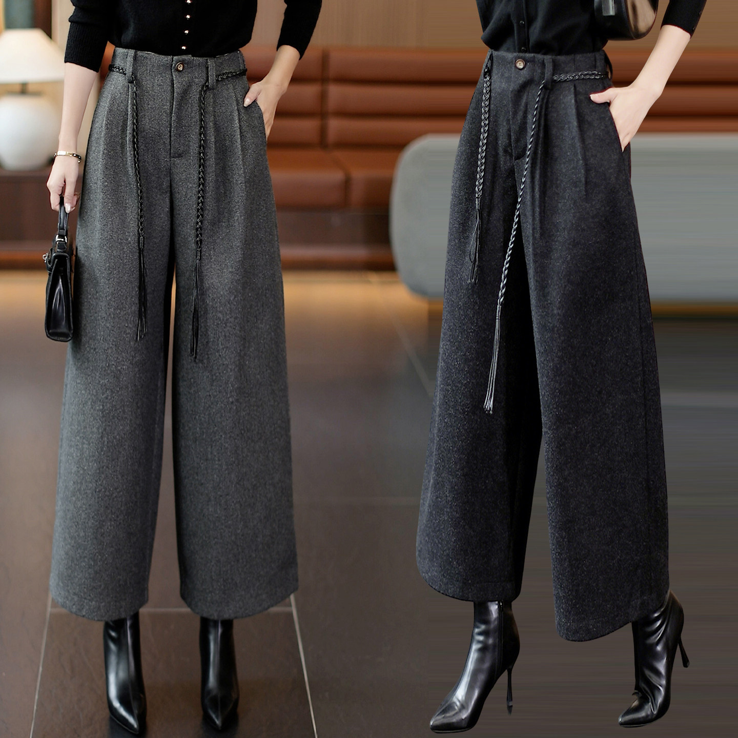 小个子毛呢直筒阔腿裤女春秋宽松舒适保暖显瘦九分裤洋气休闲裤子