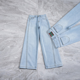 浅蓝色时尚牛仔裤女宽松显瘦春秋加绒加厚百搭阔腿裤高腰直筒裤子