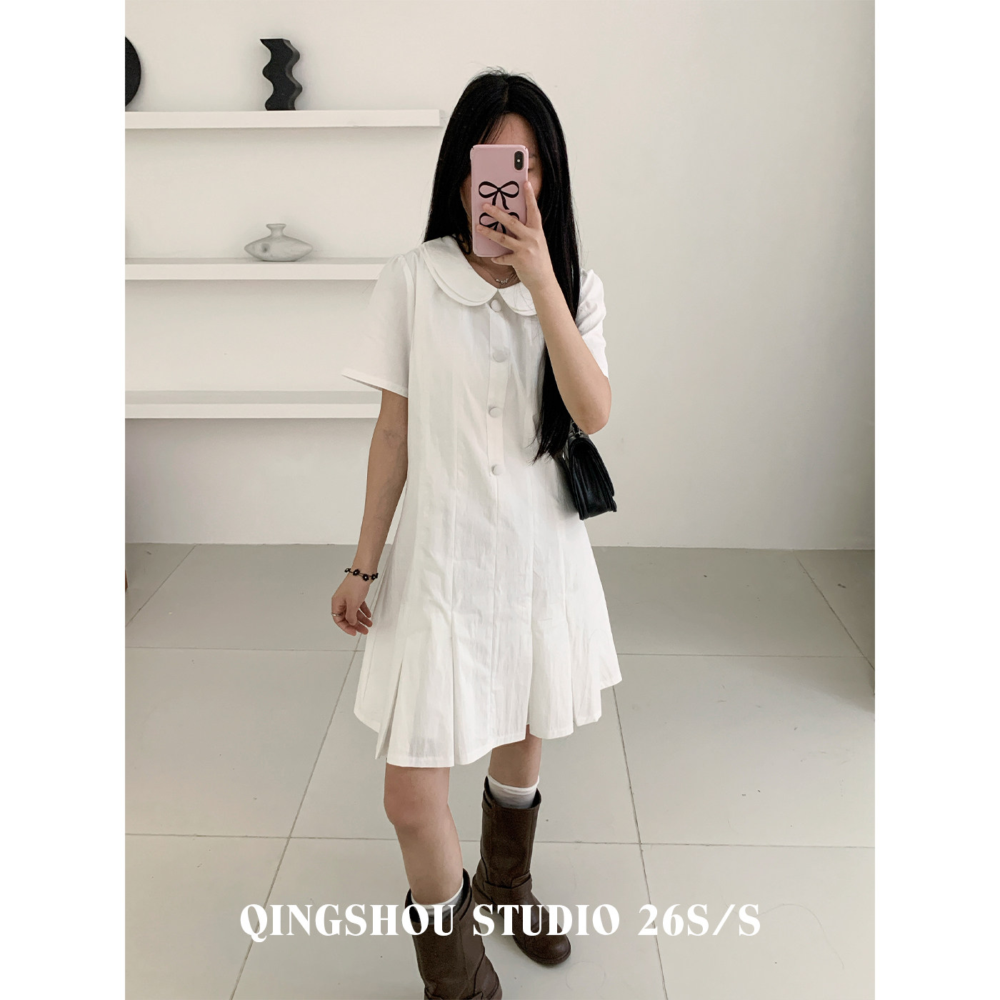 夏季少女感小翻领收腰白色短裙