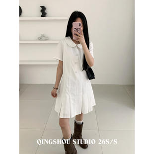 QINGSHOU清守/2026夏季新款少女感小翻领减龄收腰气质白色连衣裙
