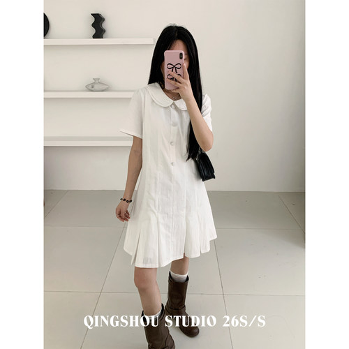 夏季少女感小翻领收腰白色短裙