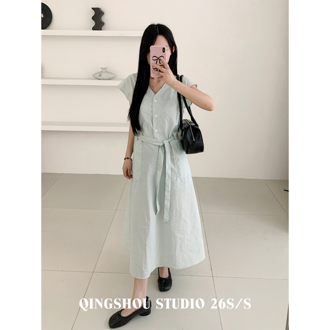 QINGSHOU清守/2026夏季新款薄荷绿V领系带高腰显瘦清新减龄连衣裙
