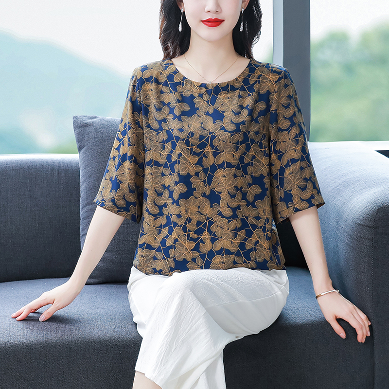 专柜正品真丝T恤女复古碎花夏洋气印花中老年妈妈中袖桑蚕丝上衣