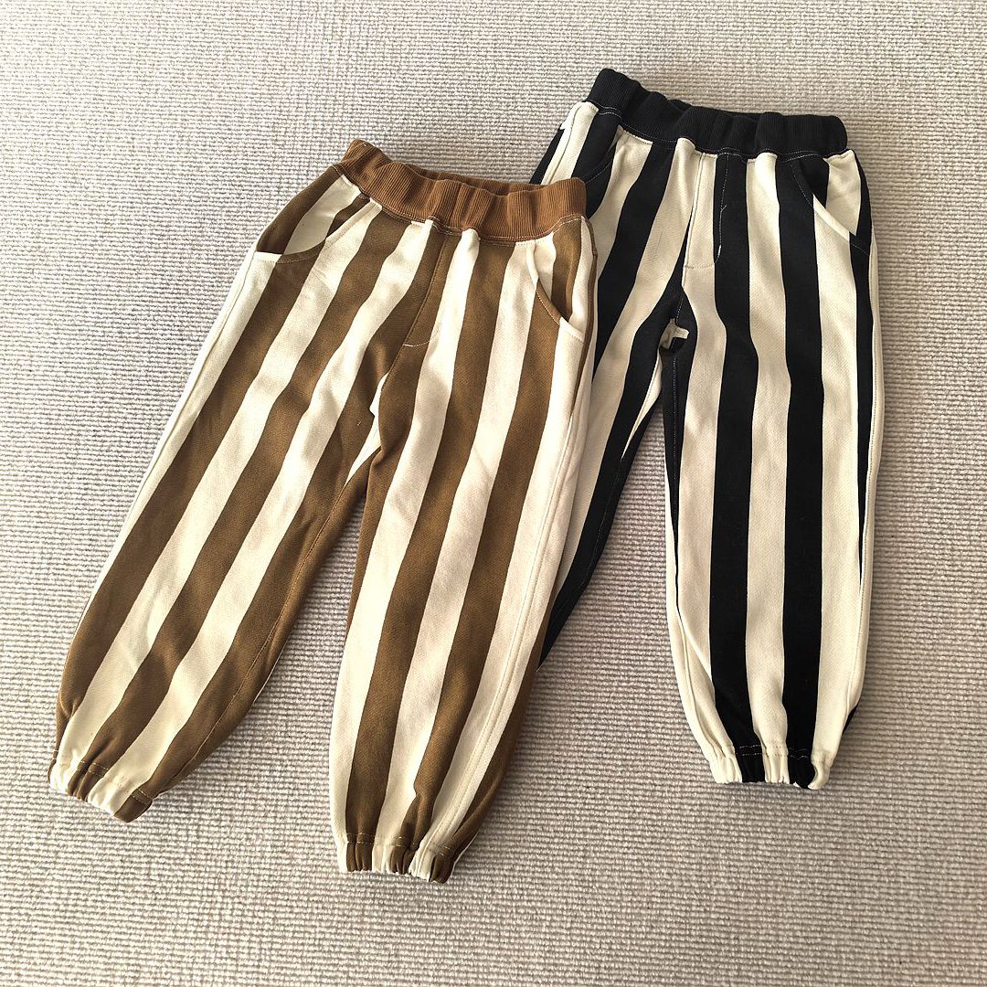 100-120码~外贸日单秋冬款男女童装 纯棉单面绒宽条纹休闲长裤子