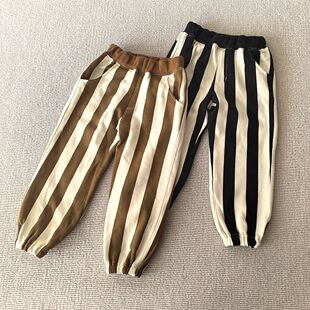 100-120码~外贸日单秋冬款男女童装 纯棉单面绒宽条纹休闲长裤子