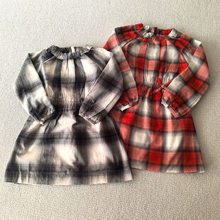 120-155码~外贸韩单春秋款女童装 纯棉大格子淑女长袖连衣裙