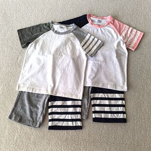 110-150码~外贸日单夏装男女童装 纯棉短袖t恤中裤休闲拼色套装