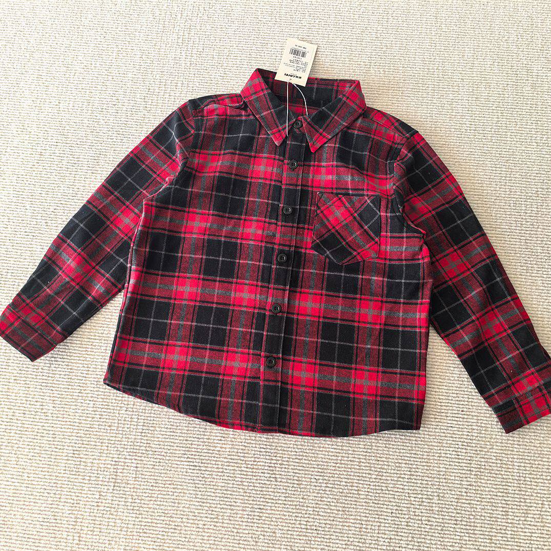 130-160码~春秋款男女童装 柔软磨毛红黑格子长袖衬衫