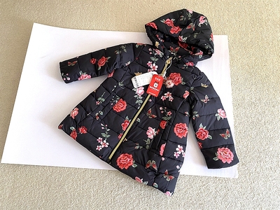 90-130码~专G冬款女童装 90白鸭绒拉链连帽花朵中长款羽绒服