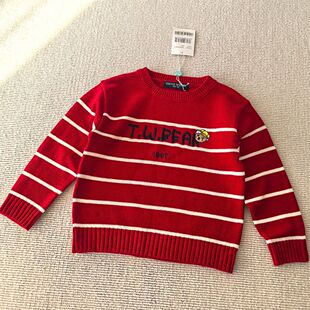 100-120码~冬装男女童装 纯棉毛线针织条纹小熊圆领毛衣针织衫