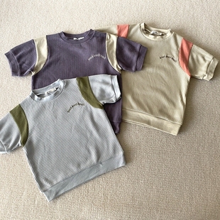 150码 短袖 外贸日单夏装 绵软华夫格拼袖 T恤 男童装 100